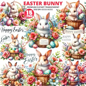 Watercolor Easter Bunny Clipart: Basket PNG Files (Digital Download)