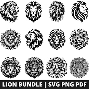 Pacote SVG de cabeça de leão, SVG de leões, Clipart de leão, Silhueta de leão rei Png, Cabeça de leão rugindo Svg, Arquivos de corte Cricut, Clipart de leão de sublimação