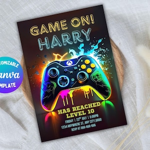 Neon Gamer Birthday Invitation Template: Editable Kids Party Invite (Digital Download)