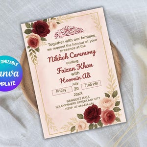 Red Floral Nikah Invitation Template: Editable Muslim Wedding Invite (Canva Digital Download)