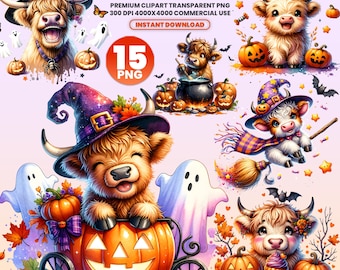 Halloween Highland Cow PNG Clipart Bundle: Witch & Pumpkin Designs (Digital Download)