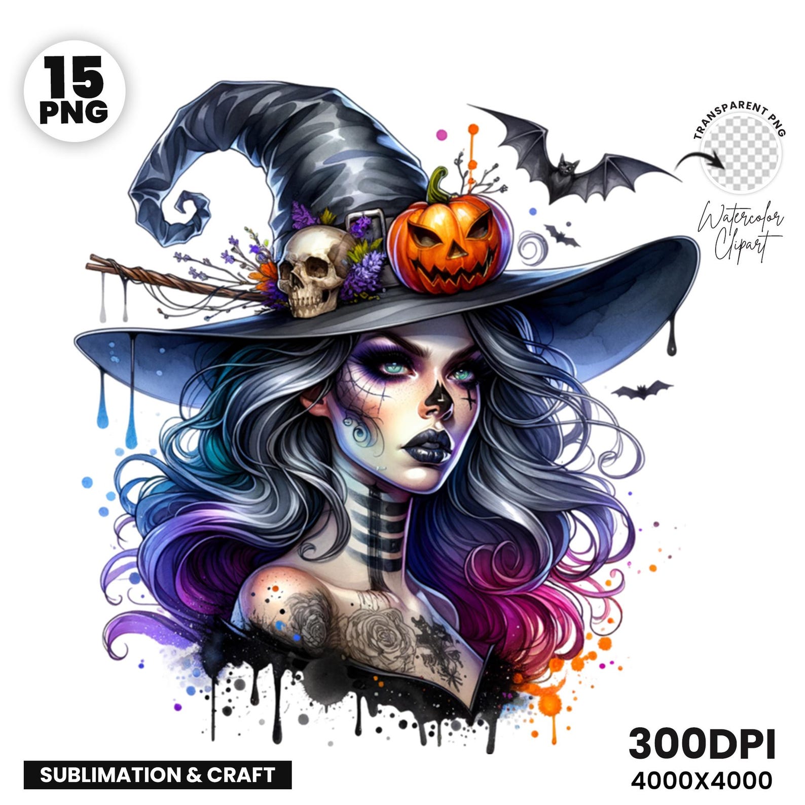 Watercolor Halloween Clipart PNG Bundle, Spooky Witch, Pumpkin ...