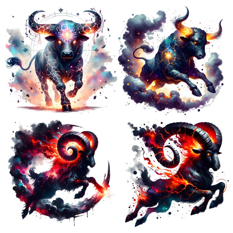 Two Bull Rams Zodiac Signs PNG Watercolor Clipart Bundle, Fantasy Horoscope Celestial ...