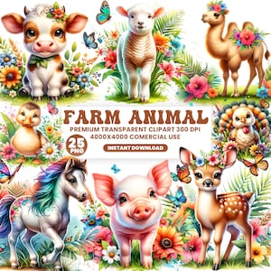 Paquete de imágenes prediseñadas de animales de granja, imágenes PNG de animales, imágenes PNG de animales bebés adorables, gráficos de sublimación de granja, arte de animales para guardería, descarga digital para uso comercial