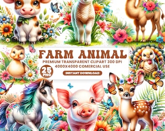 Aquarell Bauernhof Tiere Clipart: Baby Tier PNG Bundle (digitaler Download, kommerzielle Nutzung)
