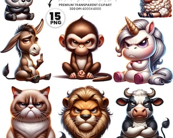 Lustige Grumpy Tiere Clipart Bundle: Safari & Zoo PNG (15 Dateien)