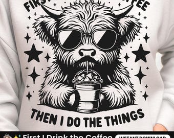 Coffee Addict Highland Cow SVG: Sassy Cow Clipart (Digital Files)