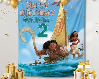 Personalized Moana Birthday Backdrop, Moana Birthday Banner, Custom Name Age Moana Maui Backdrop, Kids Birthday Backdrop Gift For Boy Girl