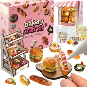 May include: A miniature bakery craft kit with a pink box featuring various miniature baked goods. The kit includes a wooden display stand, a miniature bakery shop, and various craft supplies. The kit includes miniature donuts, croissants, and sandwiches.