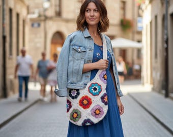 Ręcznie robiona na szydełku kwadratowa torba babci: kolorowa torba na ramię w stylu boho