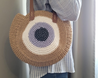 Handmade Raffia Crochet Evil Eye Bag, Boho Beach Tote