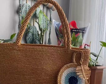 Bolso de playa de rafia hecho a mano: diseño de ojo turco de ganchillo
