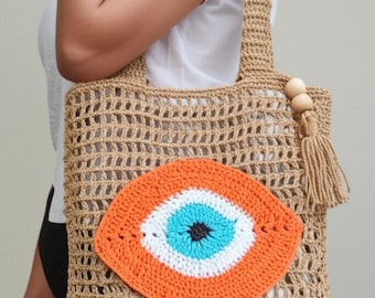 Handmade Crochet Raffia Evil Eye Bag: Boho Beach Tote