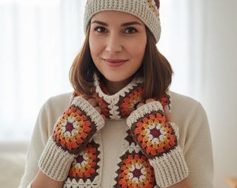 Handmade Granny Square Winter Set,Crochet Hat, Scarf, and Fingerless Gloves