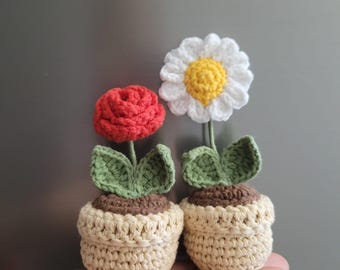 Imanes de nevera con forma de maceta de flores de ganchillo, decoración amigurumi hecha a mano, imán de margarita y rosa
