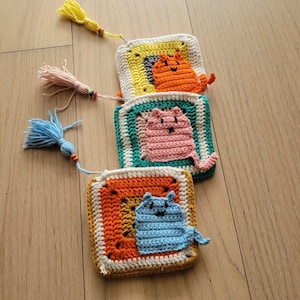 Porte-monnaie portefeuille avec chat au crochet, mini portefeuille carré grand-mère coloré avec glands, portefeuille pour petite amie, mini portefeuille pour fille avec chat