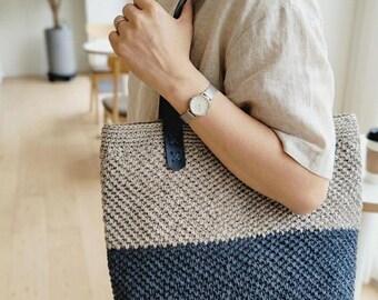 大きなかぎ針編みショルダーバッグ、ツートンカラーの織りトートバッグ、ボヘミアンサマーハンドバッグ、彼女へのギフト、ミニマリストな普段使いのラフィアトートバッグ