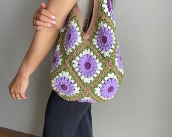 Bolso de mano cuadrado de abuela de ganchillo, bolso de hombro con flores moradas y verdes, hecho a mano