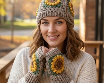 Conjunto de gorro y mitones de girasol de crochet hechos a mano, accesorios de otoño e invierno.
