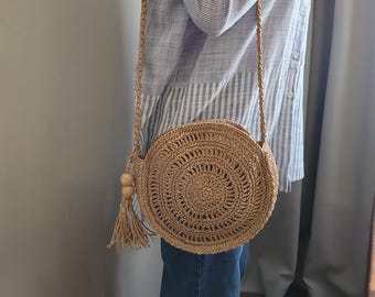 Handmade Raffia Crochet Crossbody Bag, Boho Mandala Purse