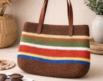 Bolso grande de ganchillo colorido, bolso tote tejido a mano en tonos tierra, bolso hobo bohemio a rayas, bolso de hombro de punto artesanal, accesorio de verano multicolor