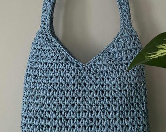 Bolso tote de rafia de crochet, bolso de hombro bohemio azul, bolso de playa de verano