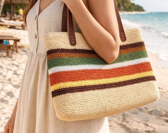 Bolso tote de rafia de ganchillo con correas de cuero, bolso de playa de verano a rayas, bolso de hombro de paja colorido, bolso de mercado bohemio para mujer