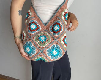 Crochet Granny Square Hobo Bag, Handmade Cotton Boho Shoulder Bag