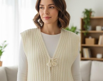 Chaleco de canalé de crochet hecho a mano, chaleco bohemio color crema con lazo frontal, cárdigan de punto sin mangas con pompones, top minimalista con capas, regalo para ella.
