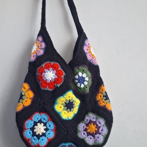 Afghan Crochet Bag,Boho Shoulder Style,Black Handmade Bag,Granny Square Woven Bag