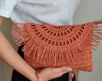 Handmade Raffia Crochet Clutch Bag, Boho Fringe Straw Purse for Summer, Burnt Orange Raffia Evening Pouch, Beach Wedding Guest Bag,Gift for