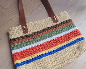 Bolso tote de rafia hecho a mano con correas de cuero, bolso de playa de verano a rayas, bolso de hombro de paja colorido, bolso de mercado bohemio para mujer.