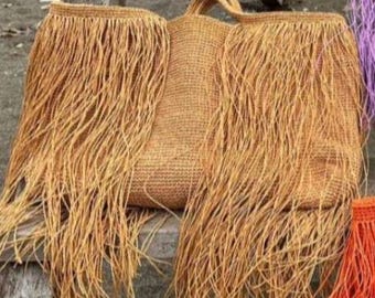 Bolso tote de rafia de crochet con flecos, bohemio, de verano, tamaño XXL (45 x 55 cm)
