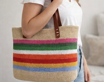 Bolso de paja a rayas de colores, bolso grande de ganchillo para verano, bolso de playa multicolor, regalo para ella, bolso de mano tejido a mano.