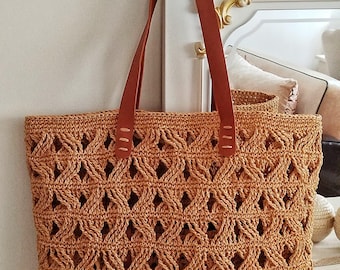 Bolso tote de rafia tejido a mano, bolso playero bohemio tejido