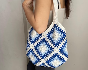 Handmade Crochet Granny Square Bag: Blue & White Boho Tote