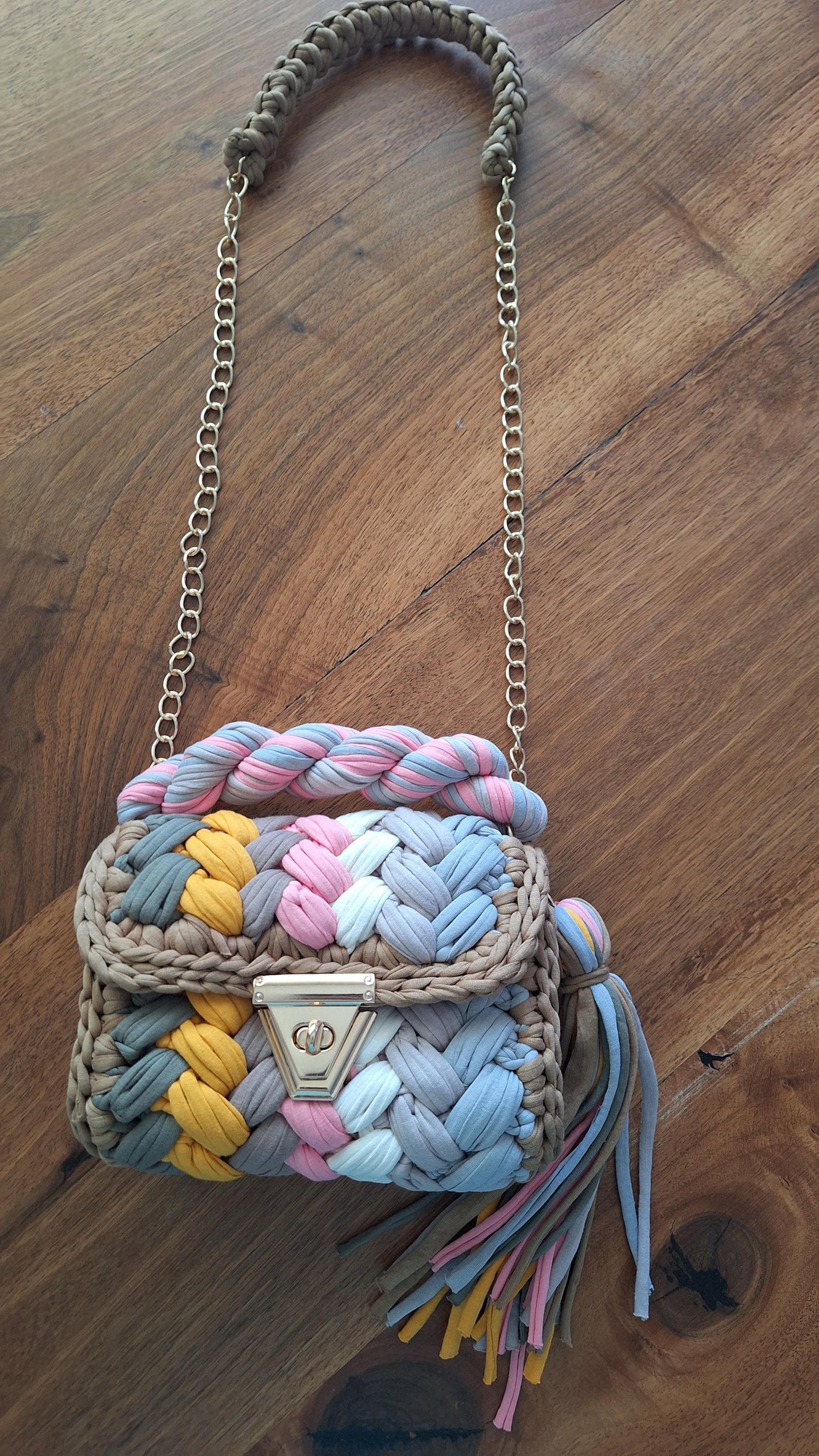 Handmade Crochet T-shirt Yarn Bag: Colorful Woven Shoulder Bag - Etsy