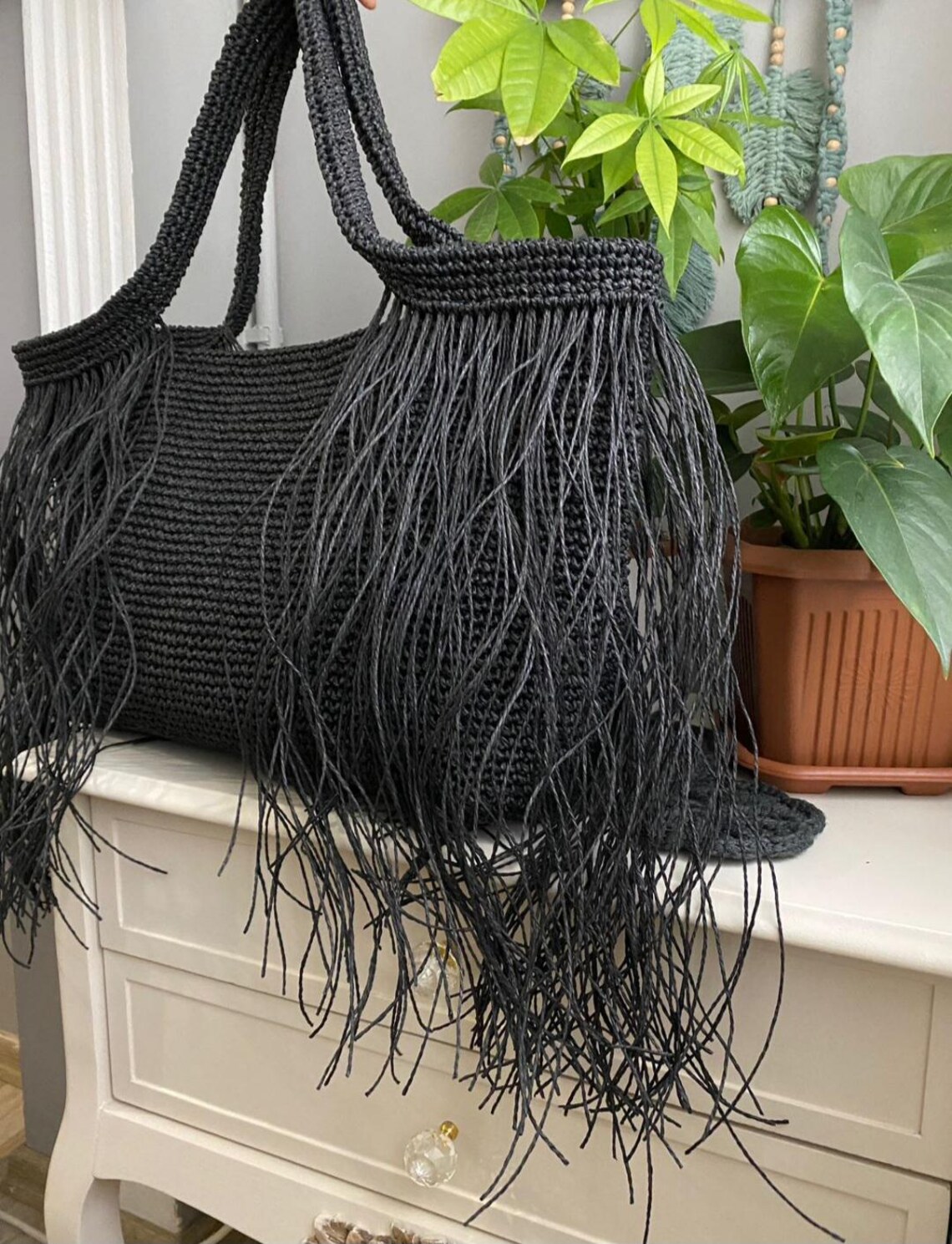 LARGE CROCHET TOTE BAG 47 IN BLACK MIX YELLOW RAFFIA main image 1