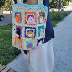 Crocheted Cat Granny Square Tote Bag: Handmade Cat Lover Gift