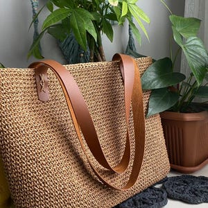 Handgewebte Raffia-Einkaufstasche, Perfekt Für den Sommer, Stroh-Einkaufstasche, Strandtasche, Ledertasche, Naturtasche, Gewebte Tasche, Damen-Einkaufstasche, Sommertasche