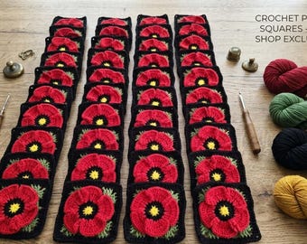 Patrón de flor de amapola tejida a crochet para abuela, motivo floral de crochet para mantas y bolsos, tutorial de amapola roja tejida a crochet