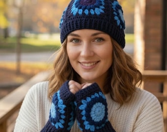 Conjunto de gorro y mitones de girasol de crochet hechos a mano, accesorios de otoño e invierno.