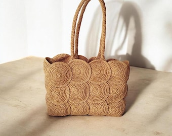 Bolso de hombro de rafia hecho a mano, bolso de playa bohemio con motivos circulares, bolso de playa de paja para verano, bolso de crochet tejido para mujer, regalo ecológico.
