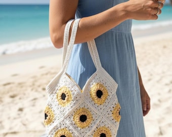 Handmade Crochet Sunflower Tote Bag: Bohemian Floral Shoulder Bag