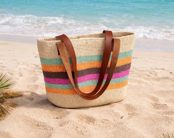 Bolso de playa de ganchillo hecho a mano, bolso de mano de rafia, bolso de hombro de verano colorido, cesta grande de paja estilo boho, regalo para ella.