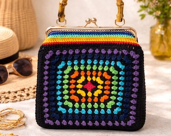 Bolso cuadrado de abuela colorido, bolso bohemio de crochet hecho a mano con asa de bambú, bolso arcoíris vintage