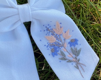 Embroidered White Linen Hair Bow: Blue Wildflower Barrette