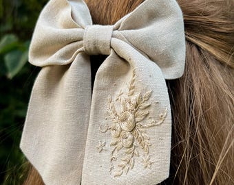 Handmade Linen Hair Bow – Beige Floral Embroidery Barrette