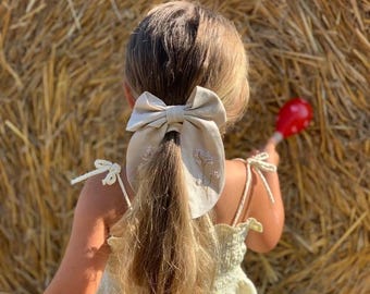 Hand Embroidered Linen Hair Bow: Floral Clip for Girls & Women