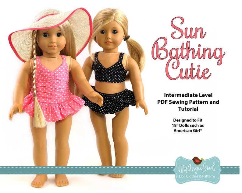 May include: Two dolls wearing swimwear. One doll is in a pink polka dot swimsuit and a straw sun hat with a red trim. The other doll is in a black polka dot bikini. Text on the image reads "Sun Bathing Cutie".